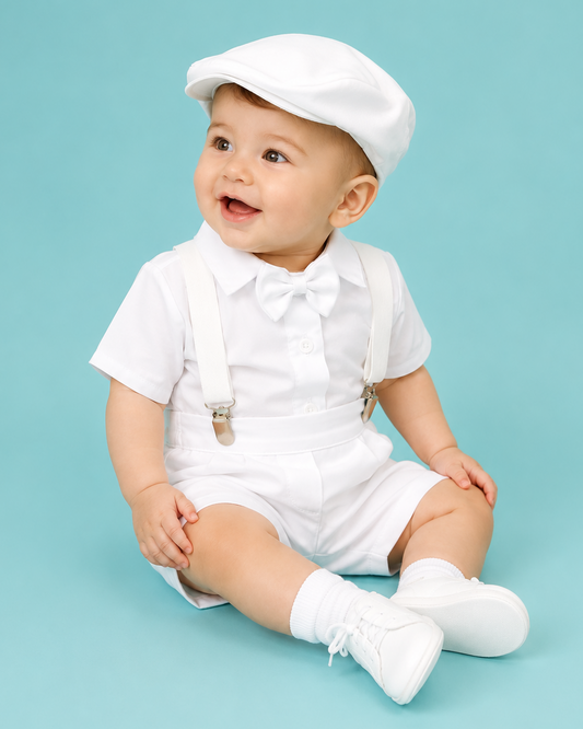 Traje para Bautizo 4 piezas tirantes blancos estilo pantalón o short