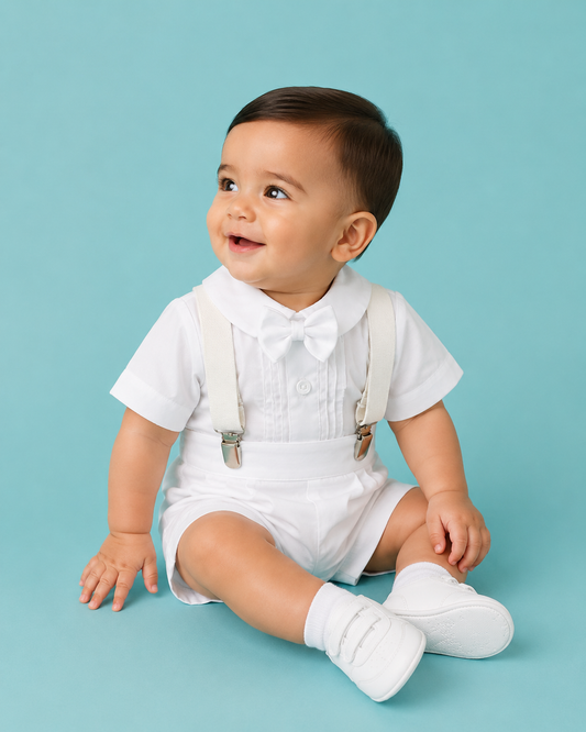 Traje para Bautizo 4 piezas Peter Pan tirantes blancos estilo pantalón o short