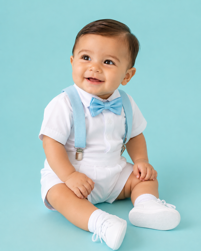 Traje para Bautizo 4 piezas tirantes celeste estilo pantalón o short